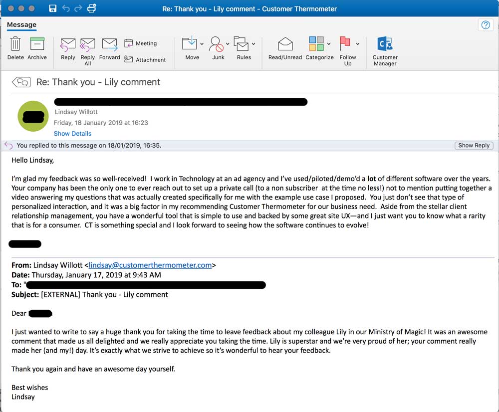 Ministry-email-redacted customer feedback email real example