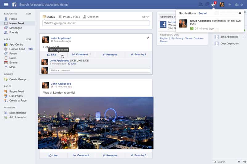 Sample Facebook newsfeed