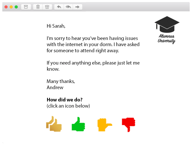 university education service customer experience journey ratings email words customized cute awesome 1-click feedback